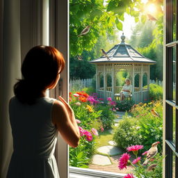 A serene scene depicting a person approaching a window and opening it, revealing a lush green garden filled with colorful flowers and the delightful sound of chirping birds