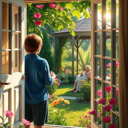 A serene scene depicting a person approaching a window and opening it, revealing a lush green garden filled with colorful flowers and the delightful sound of chirping birds