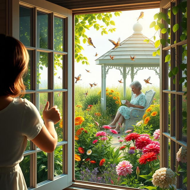 A serene scene depicting a person approaching a window and opening it, revealing a lush green garden filled with colorful flowers and the delightful sound of chirping birds