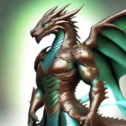 An exquisite dyd style digital art piece that portrays a humanoid bronze dragon with copper-colored scales and a slight light blue sheen