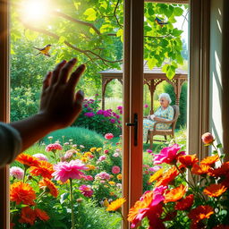 A serene scene depicting a person approaching a window and opening it, revealing a lush green garden filled with colorful flowers and the delightful sound of chirping birds