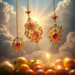 A mystical scene depicting divine ornaments designed for celestial beings, featuring intricate gold and silver designs adorned with vibrant gemstones, radiating light
