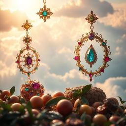 A mystical scene depicting divine ornaments designed for celestial beings, featuring intricate gold and silver designs adorned with vibrant gemstones, radiating light