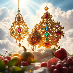 A mystical scene depicting divine ornaments designed for celestial beings, featuring intricate gold and silver designs adorned with vibrant gemstones, radiating light