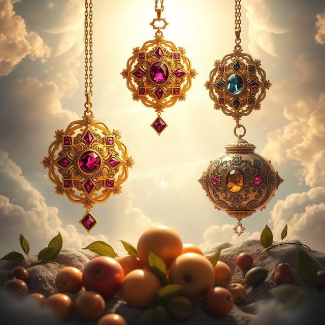 A mystical scene depicting divine ornaments designed for celestial beings, featuring intricate gold and silver designs adorned with vibrant gemstones, radiating light