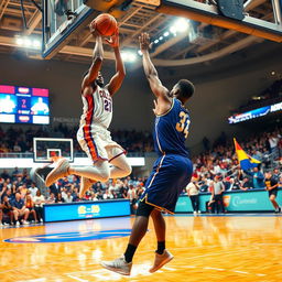 A dynamic basketball scene showing two players in an intense game