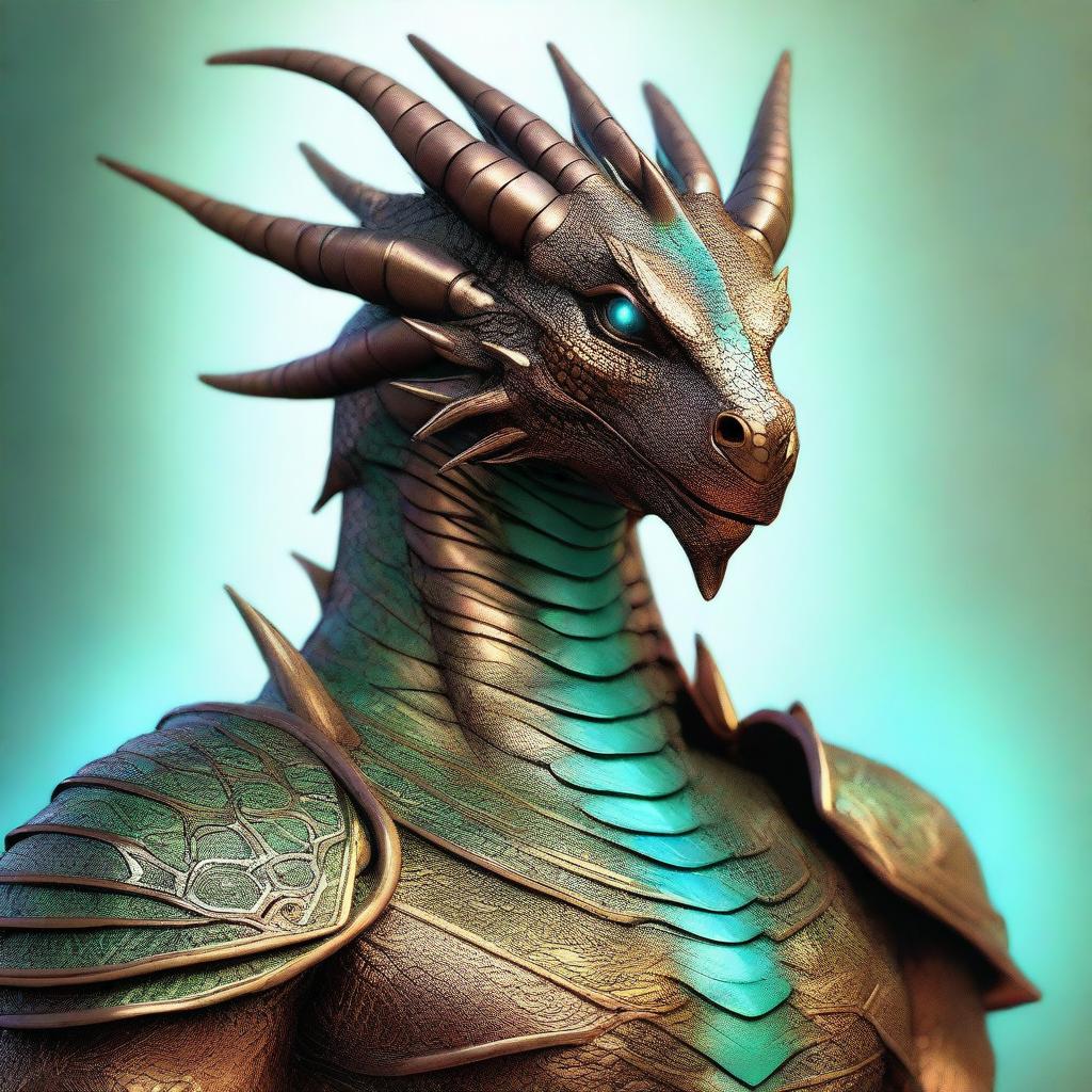 An exquisite dyd style digital art piece that portrays a humanoid bronze dragon with copper-colored scales and a slight light blue sheen