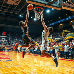 A dynamic basketball scene showing two players in an intense game