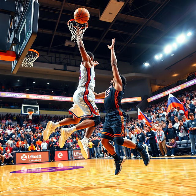 A dynamic basketball scene showing two players in an intense game