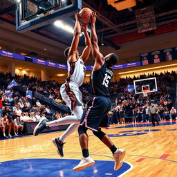 A dynamic basketball scene showing two players in an intense game