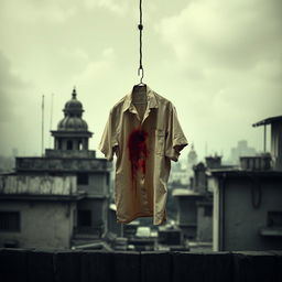 A graphic design image featuring a much blood-stained beige shirt hanging on a rope from a rooftop in Kolkata