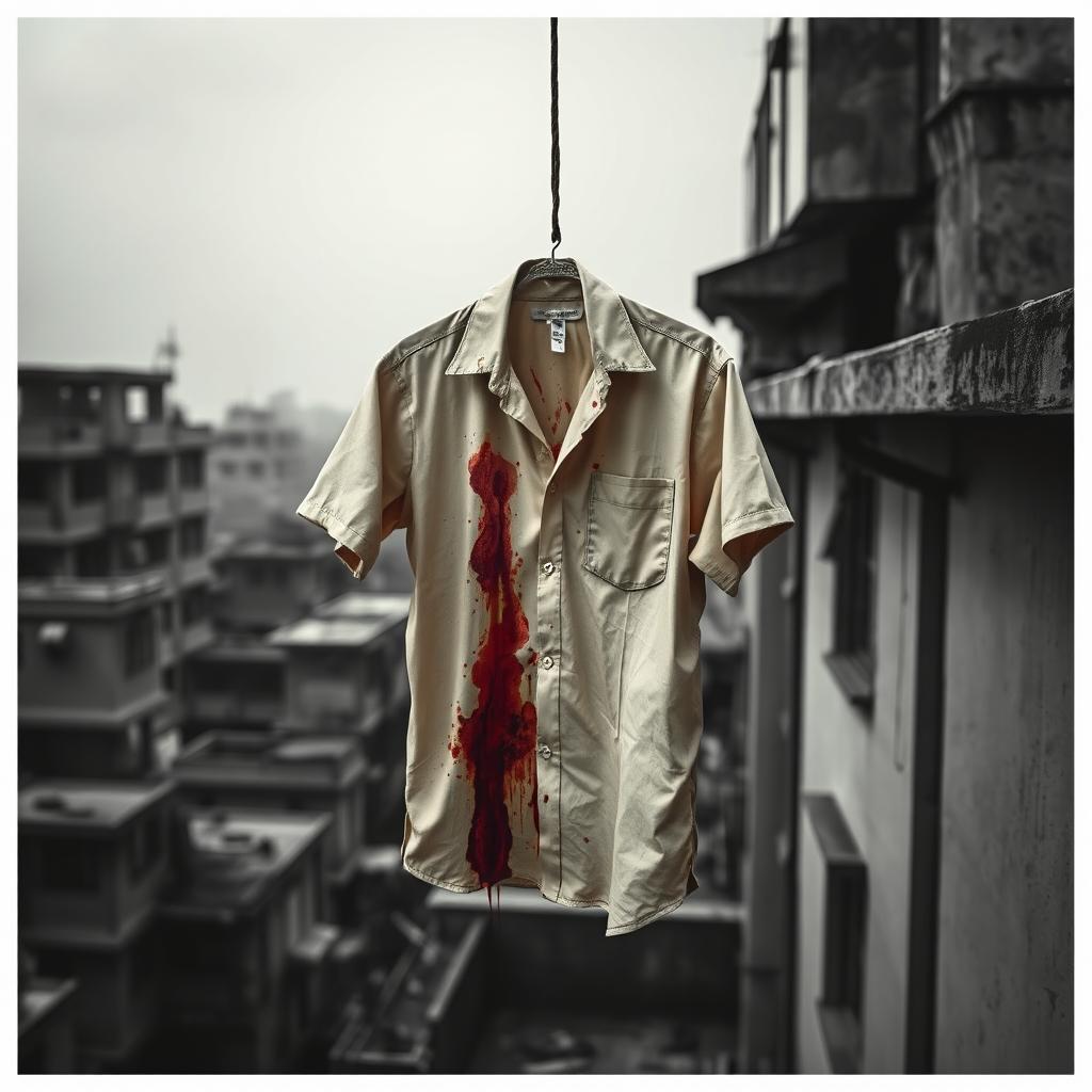 A graphic design image featuring a much blood-stained beige shirt hanging on a rope from a rooftop in Kolkata