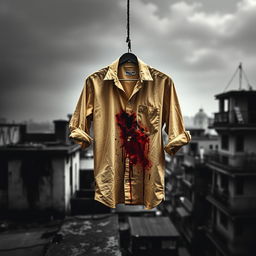 A graphic design image featuring a much blood-stained beige shirt hanging on a rope from a rooftop in Kolkata