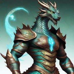 An exquisite dyd style digital art piece that portrays a humanoid bronze dragon with copper-colored scales and a slight light blue sheen