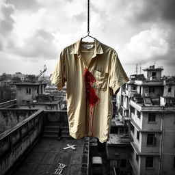A graphic design image featuring a much blood-stained beige shirt hanging on a rope from a rooftop in Kolkata