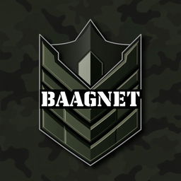 A sleek and modern emblem featuring a prominent chevron design symbolizing Private Military Companies, with the word 'BAGNET' presented in a striking, military-inspired font at the center