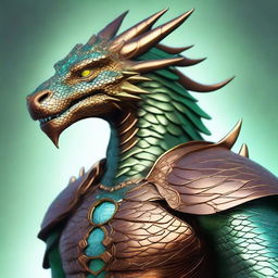 An exquisite dyd style digital art piece that portrays a humanoid bronze dragon with copper-colored scales and a slight light blue sheen