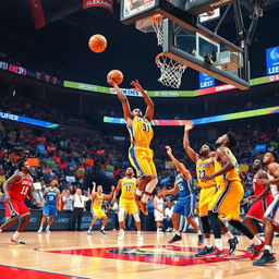A dynamic and energetic basketball scene during an NBA game, featuring two professional teams in action on the court