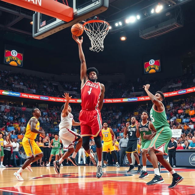 A dynamic and energetic basketball scene during an NBA game, featuring two professional teams in action on the court