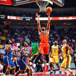 A dynamic and energetic basketball scene during an NBA game, featuring two professional teams in action on the court