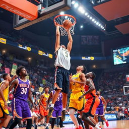 A dynamic and energetic basketball scene during an NBA game, featuring two professional teams in action on the court