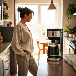 A cozy and stylish kitchen scene featuring a person dressed in chic and comfortable clothing