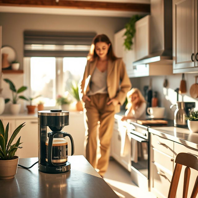 A cozy and stylish kitchen scene featuring a person dressed in chic and comfortable clothing