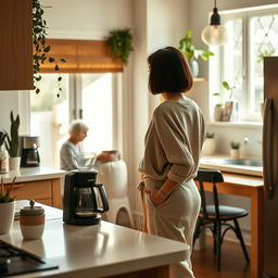 A cozy and stylish kitchen scene featuring a person dressed in chic and comfortable clothing