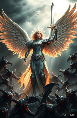 A powerful angel stands defiantly, wings spread wide, battling a swarm of menacing demons swirling around her, each demon with twisted features and fiery eyes