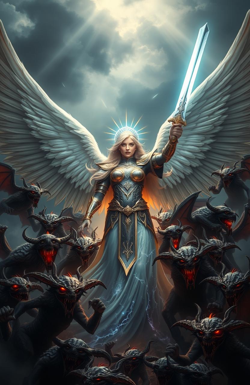 A powerful angel stands defiantly, wings spread wide, battling a swarm of menacing demons swirling around her, each demon with twisted features and fiery eyes