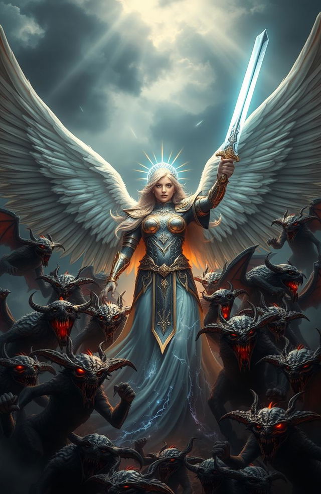 A powerful angel stands defiantly, wings spread wide, battling a swarm of menacing demons swirling around her, each demon with twisted features and fiery eyes