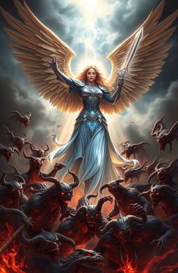 A powerful angel stands defiantly, wings spread wide, battling a swarm of menacing demons swirling around her, each demon with twisted features and fiery eyes
