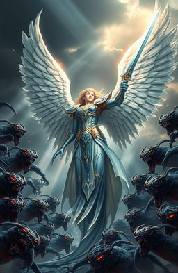 A powerful angel stands defiantly, wings spread wide, battling a swarm of menacing demons swirling around her, each demon with twisted features and fiery eyes