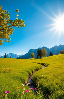 A serene landscape bathed in warm daylight, showcasing a lush green meadow dotted with vibrant wildflowers under a clear blue sky