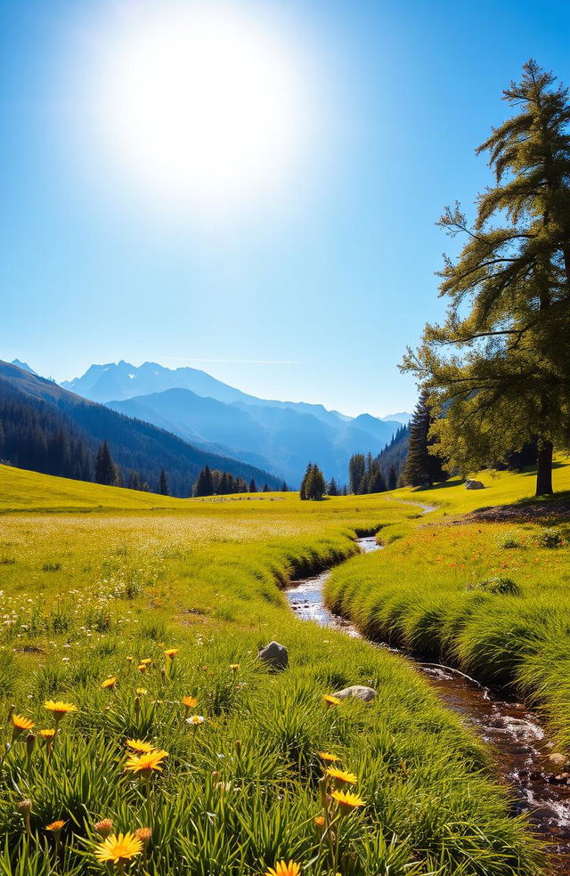 A serene landscape bathed in warm daylight, showcasing a lush green meadow dotted with vibrant wildflowers under a clear blue sky