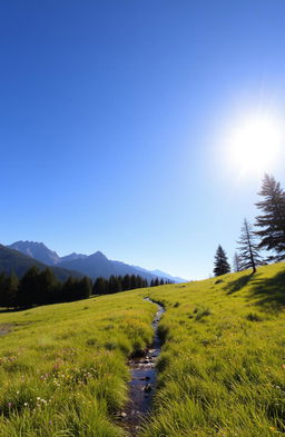 A serene landscape bathed in warm daylight, showcasing a lush green meadow dotted with vibrant wildflowers under a clear blue sky
