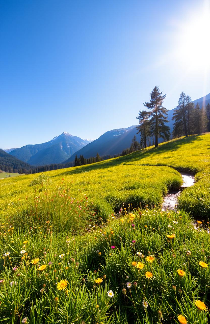 A serene landscape bathed in warm daylight, showcasing a lush green meadow dotted with vibrant wildflowers under a clear blue sky