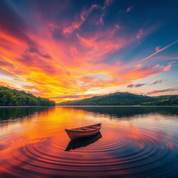 A stunning landscape featuring a vibrant sunset over a serene lake