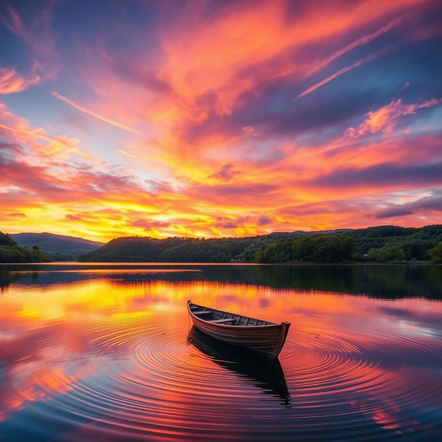 A stunning landscape featuring a vibrant sunset over a serene lake