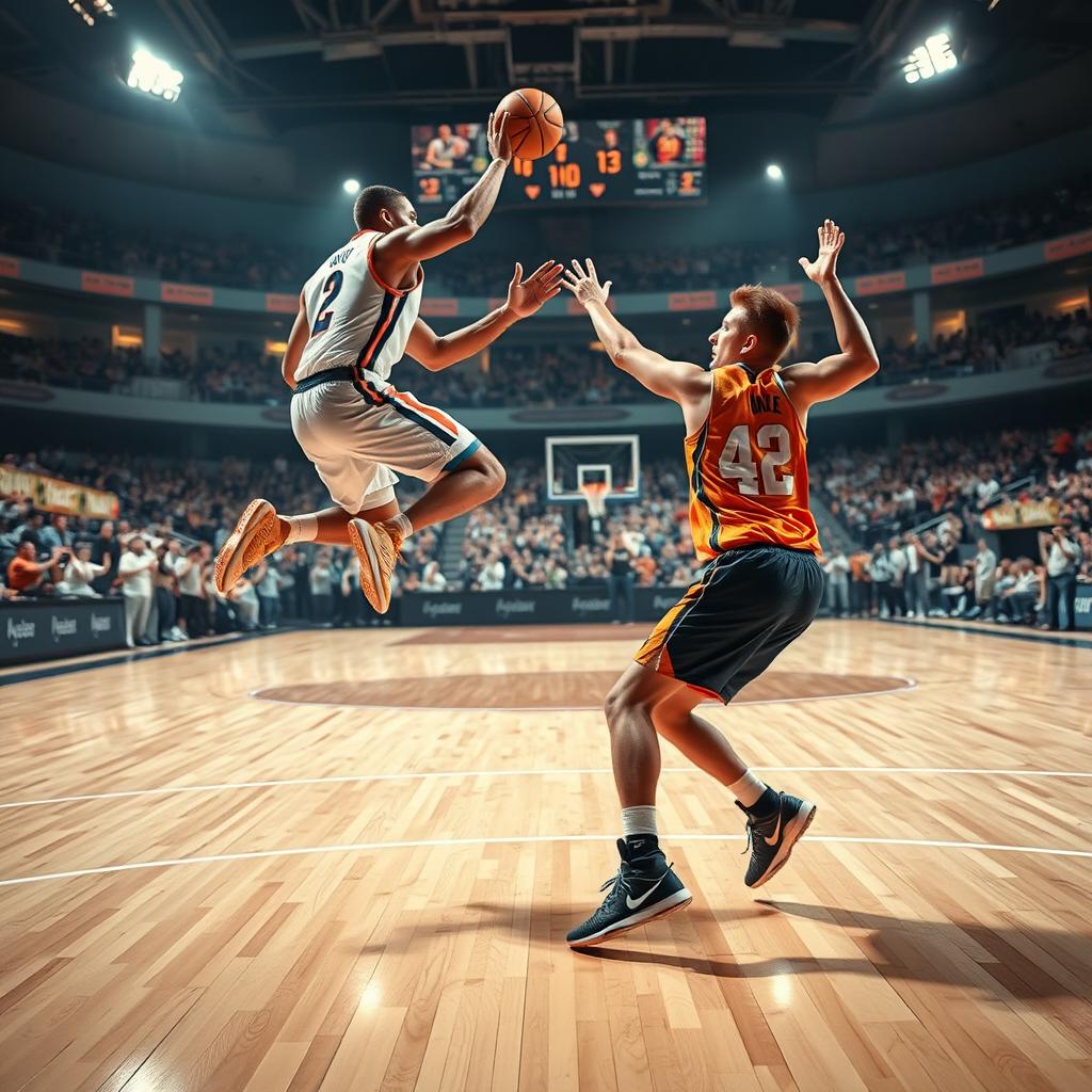Una escena dinámica de baloncesto mostrando a dos jugadores en un emocionante partido