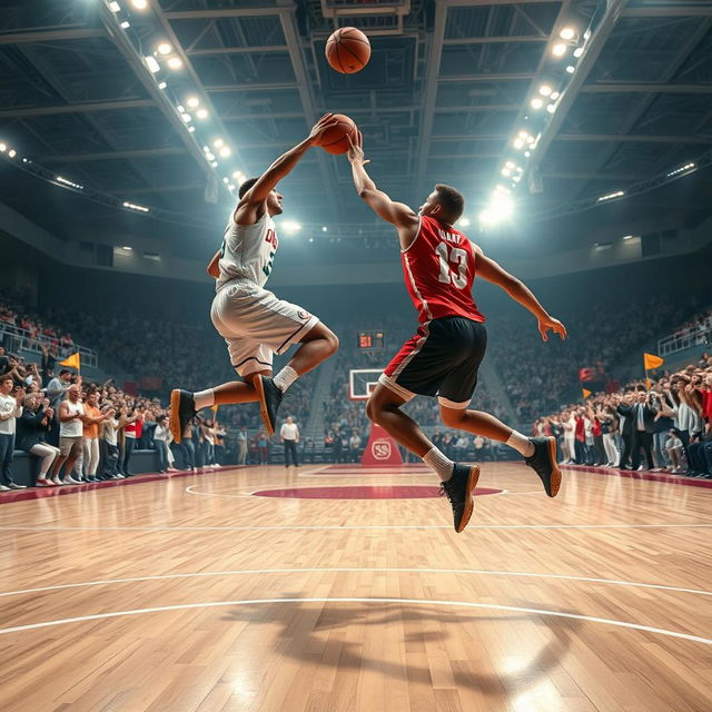 Una escena dinámica de baloncesto mostrando a dos jugadores en un emocionante partido