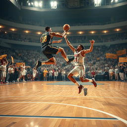 Una escena dinámica de baloncesto mostrando a dos jugadores en un emocionante partido