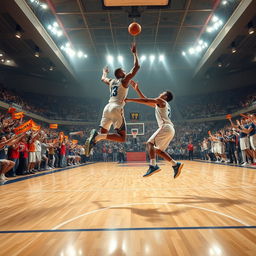 Una escena dinámica de baloncesto mostrando a dos jugadores en un emocionante partido