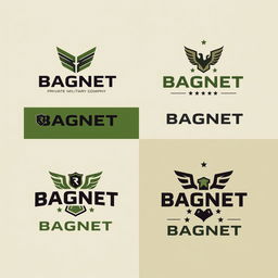 A series of logo designs for a Private Military Company named 'BAGNET'