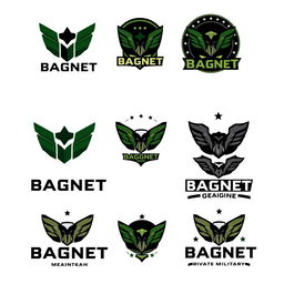 A series of logo designs for a Private Military Company named 'BAGNET'