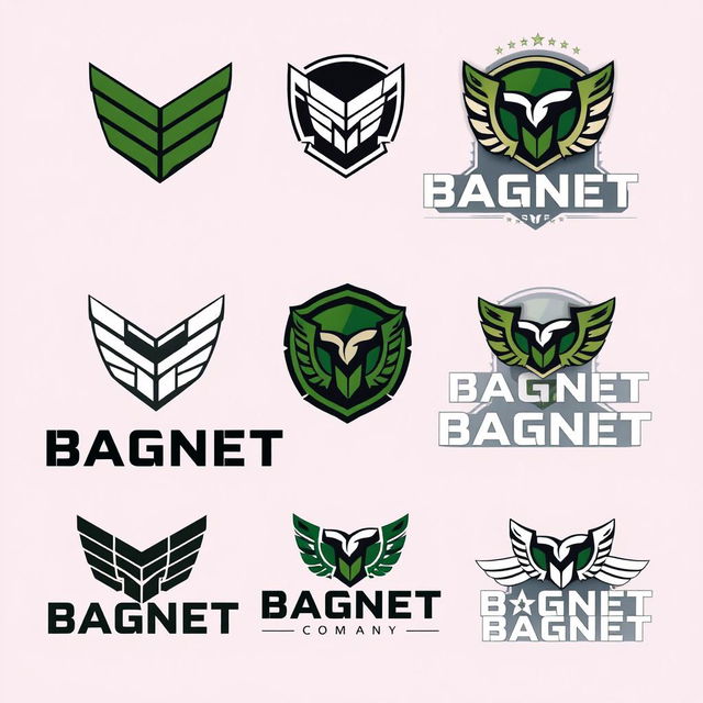 A series of logo designs for a Private Military Company named 'BAGNET'