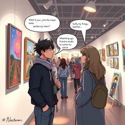 An artistic scene set in an art gallery where two friends, including a character named Nastaran, are deeply engaged in conversation about the artwork on display