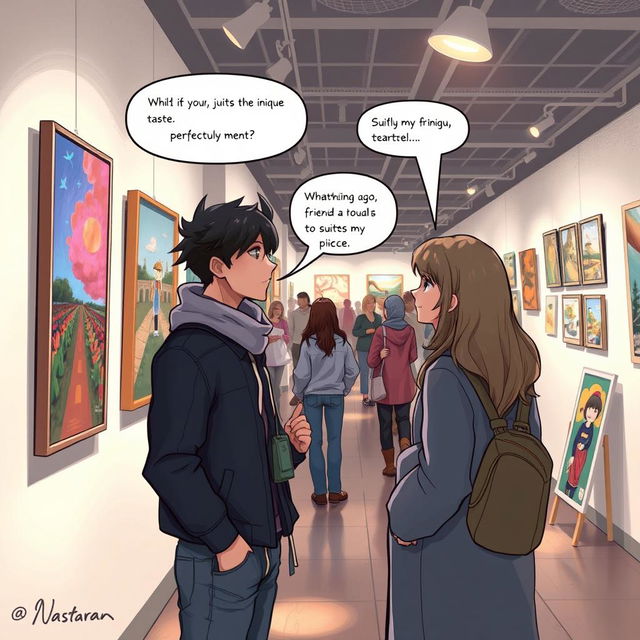 An artistic scene set in an art gallery where two friends, including a character named Nastaran, are deeply engaged in conversation about the artwork on display