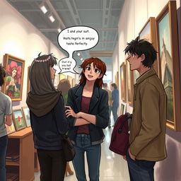 An artistic scene set in an art gallery where two friends, including a character named Nastaran, are deeply engaged in conversation about the artwork on display