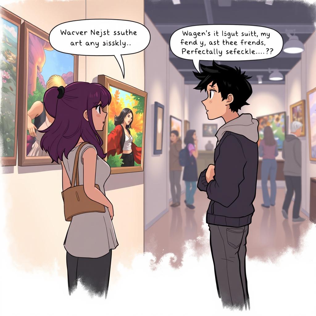 An artistic scene set in an art gallery where two friends, including a character named Nastaran, are deeply engaged in conversation about the artwork on display